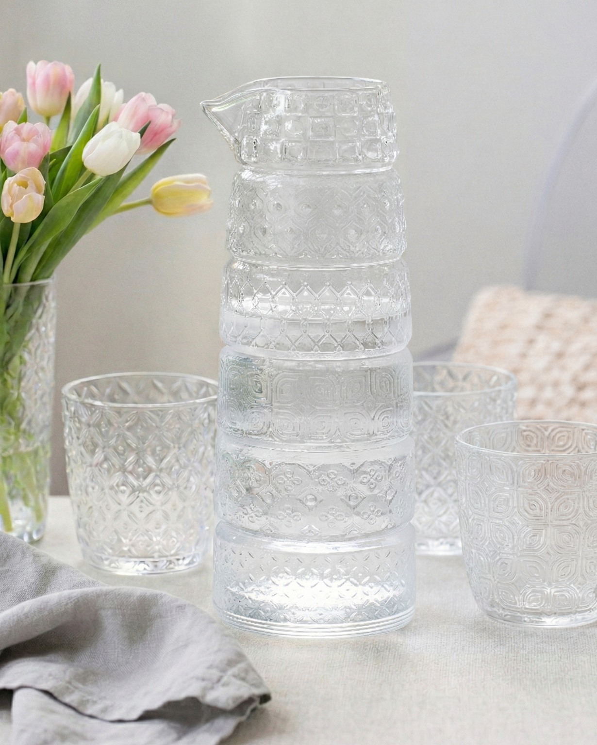 Set 6 glasses + jug Textures Clear