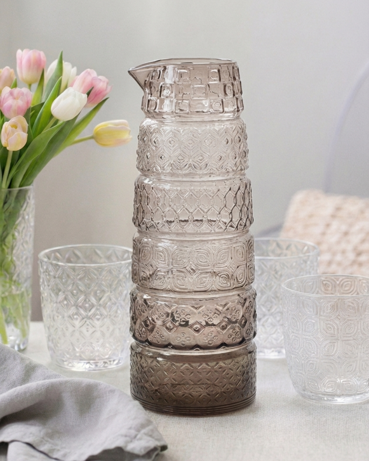 Set 6 glasses + jug Textures Smoke Grey